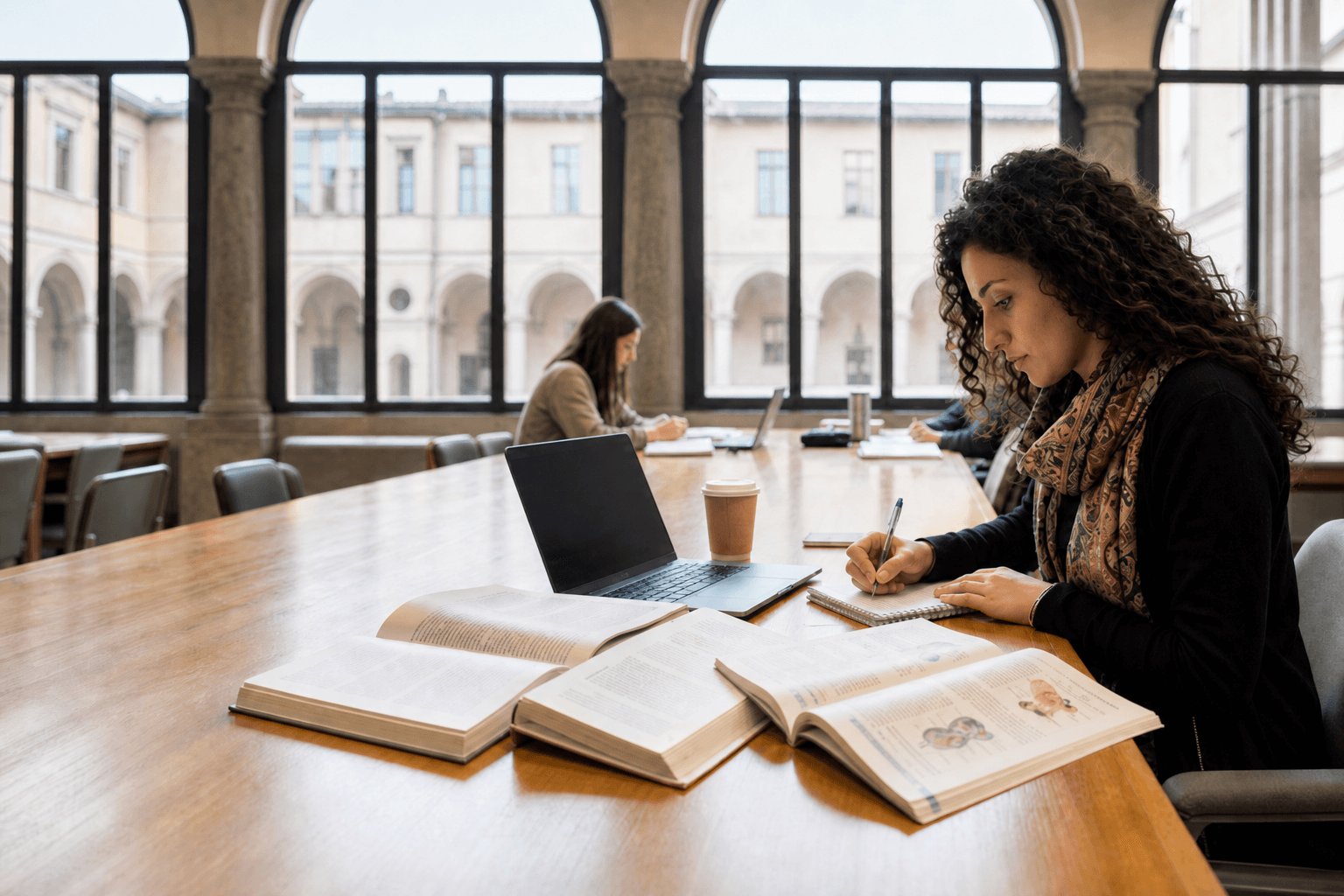Estudiante de medicina estudiando con portátil y libros en una biblioteca universitaria