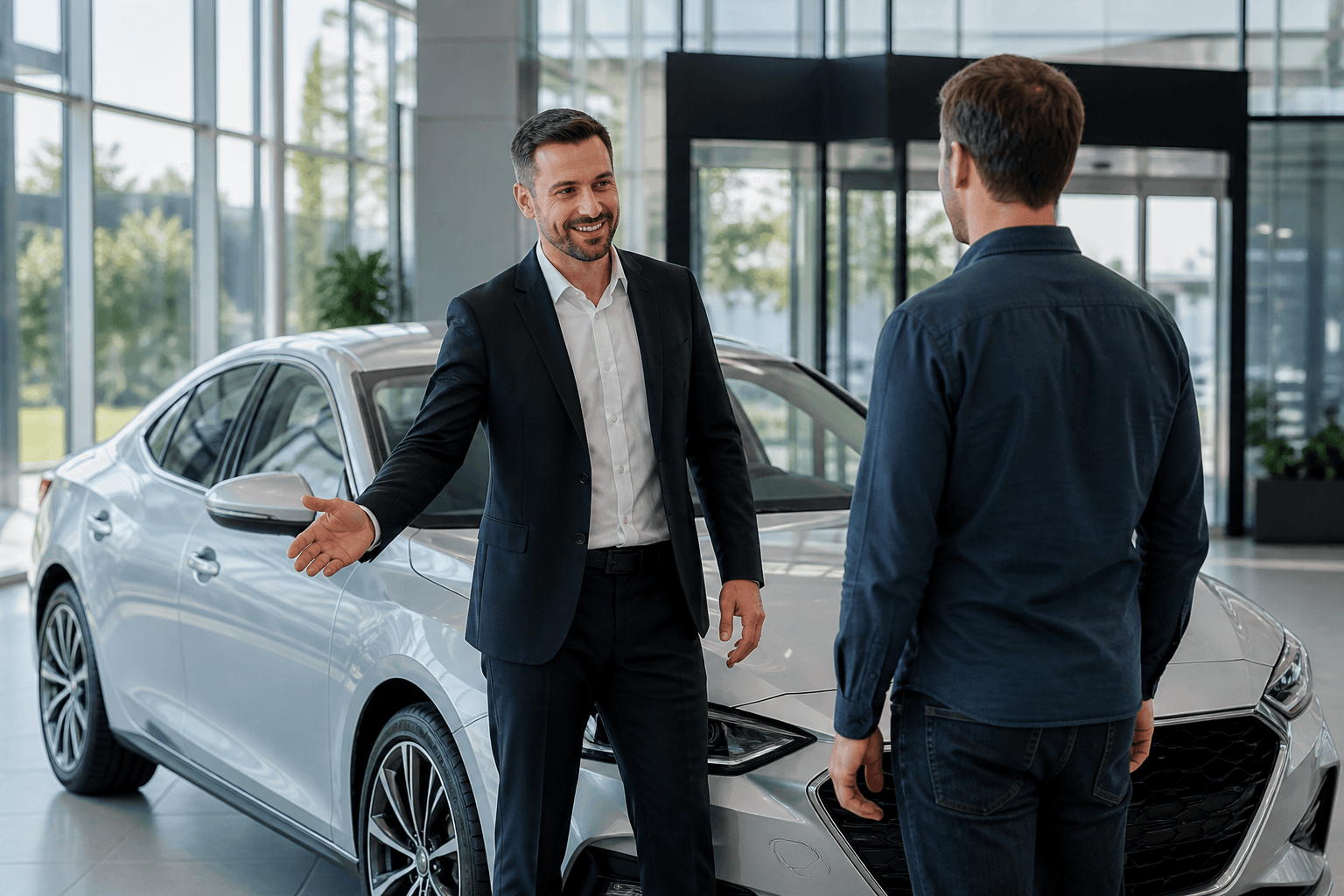 Venditore auto che accoglie un cliente accanto a una berlina in showroom