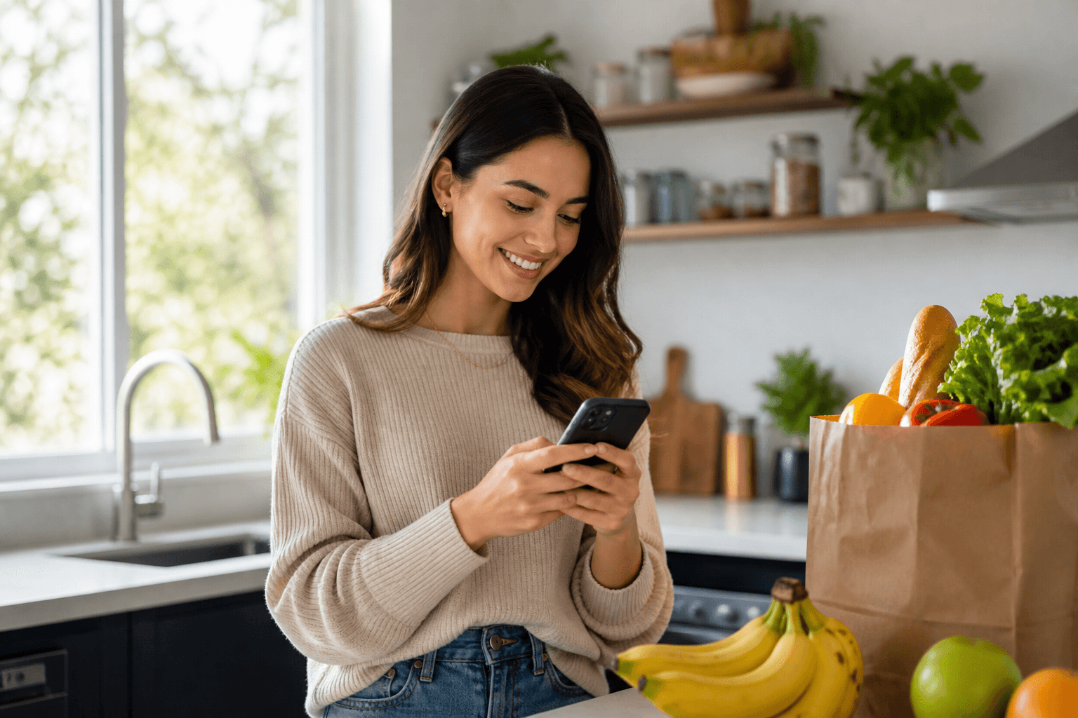 Persona che fa shopping sullo smartphone in una cucina luminosa con spesa vicino