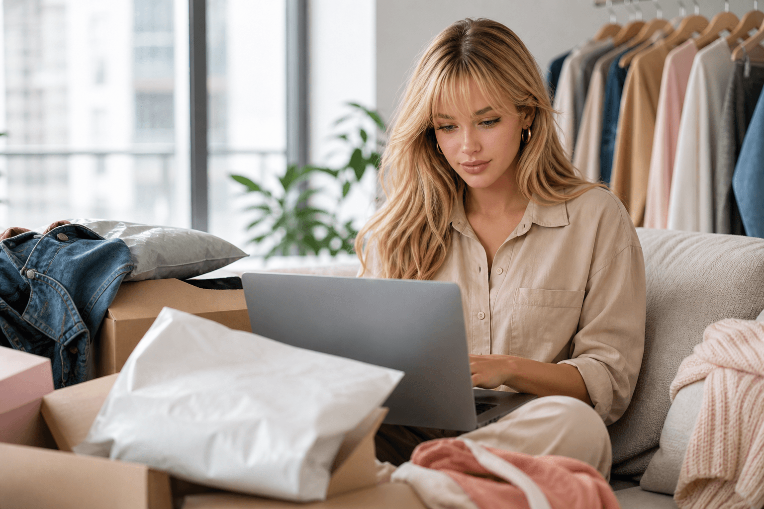 Young woman shopping online on a laptop in a bright apartment
