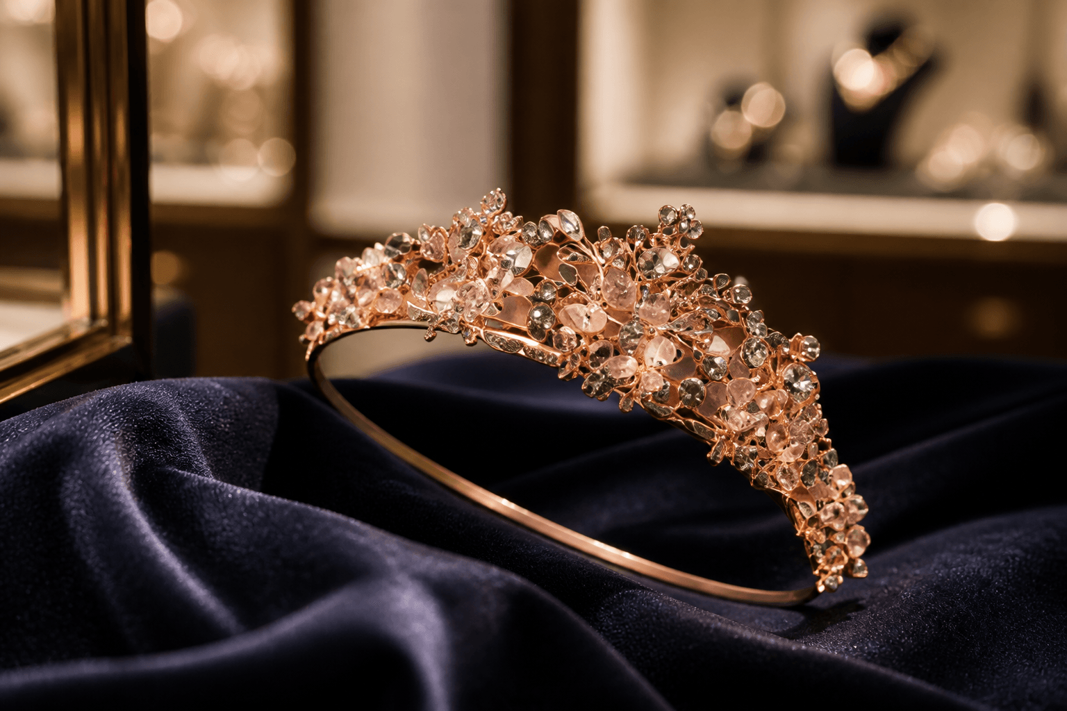 Roségoldene Kristalltiara auf Samt in einer Schmuckvitrine