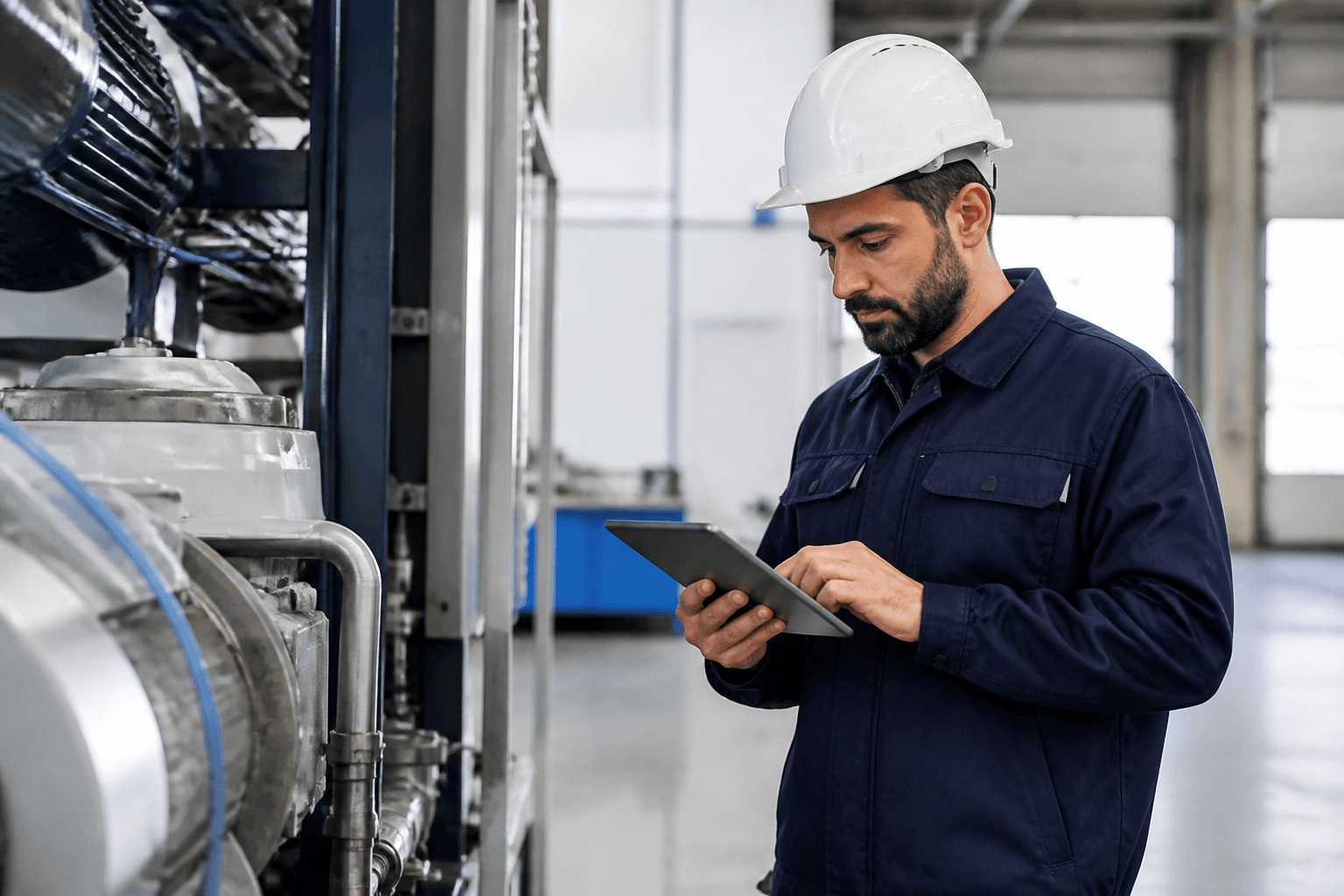 Técnico de serviço a verificar equipamentos num tablet numa oficina moderna