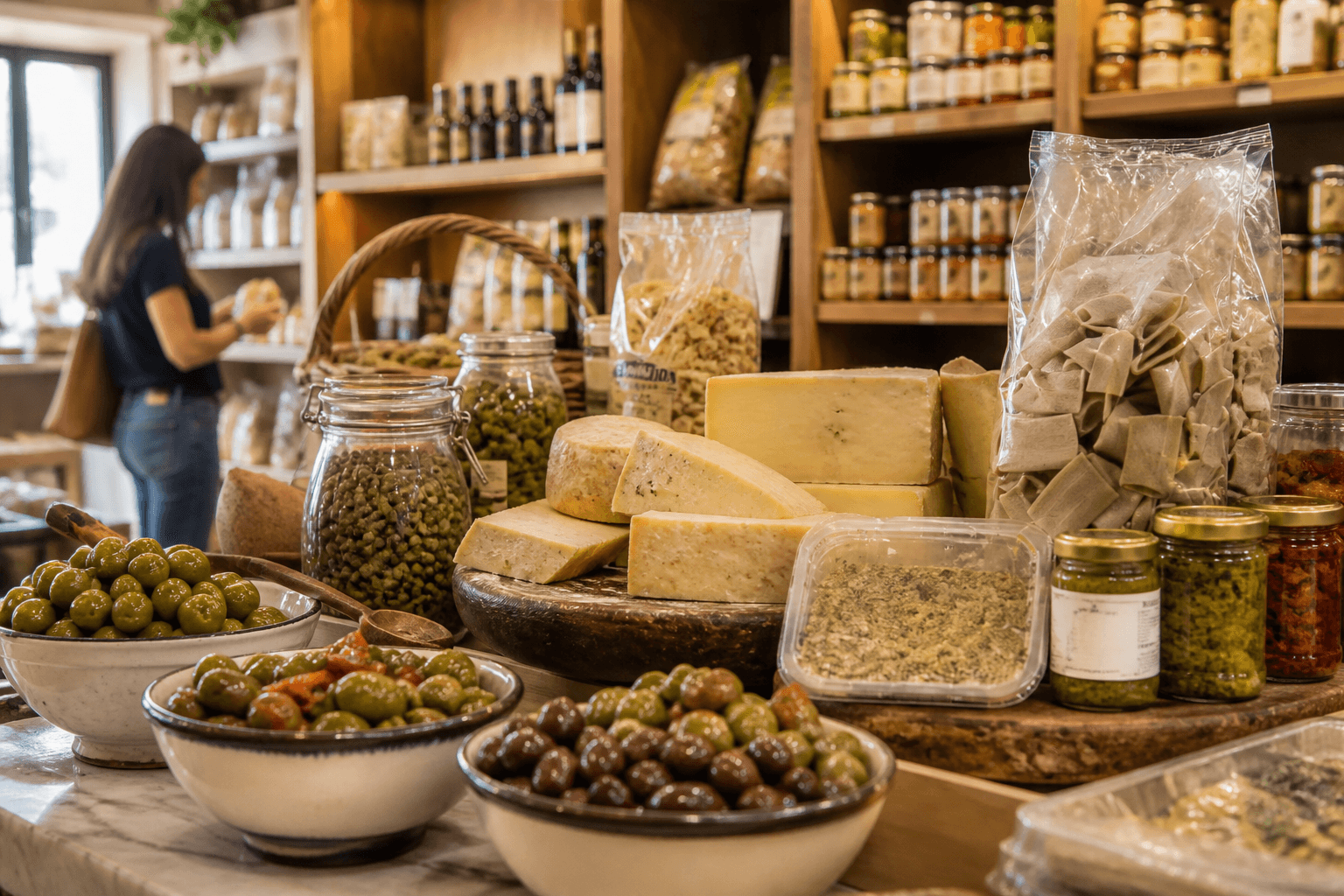 Banco di specialità siciliane con formaggi, olive e prodotti confezionati