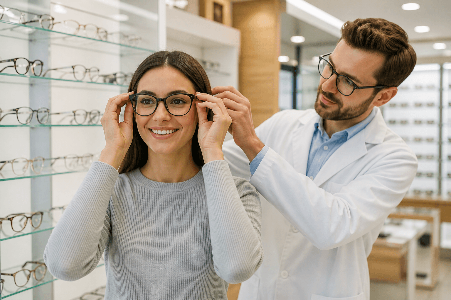 Client essayant des lunettes dans un magasin d’optique moderne