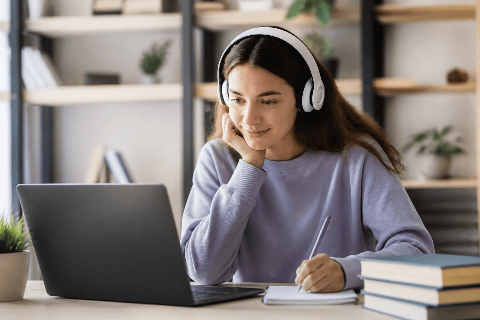 University student studying online with a laptop and headphones