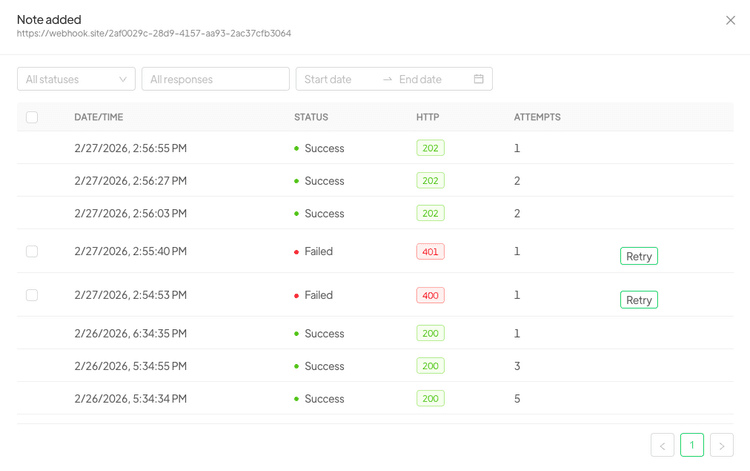List of webhook events in Spoki interface