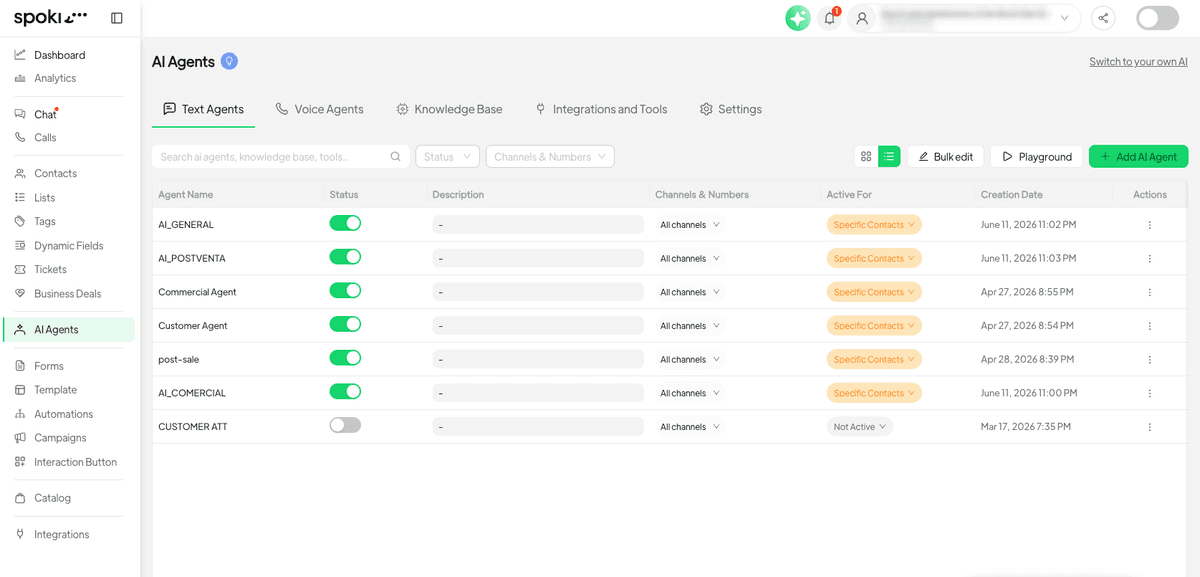 AI agents in Spoki: general, sales, customer service and after-sales.